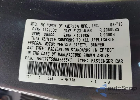 2013 Honda Accord Sport из США, поврежденный, VIN 1HGCR2F59DA235547